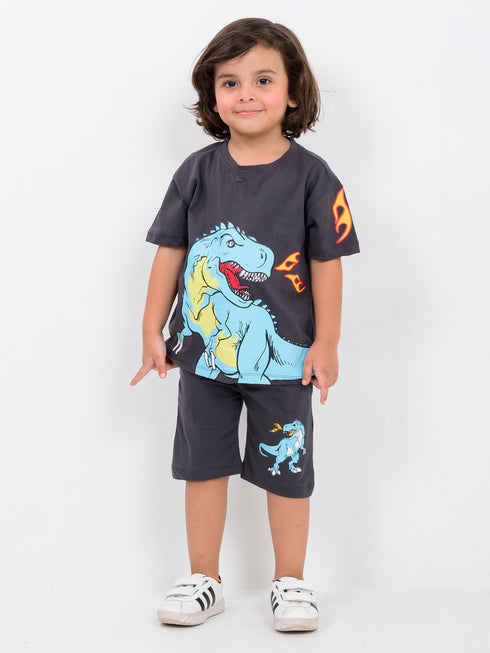 Oversized Mighty Dino Cotton Short Set (Charcoal Grey)